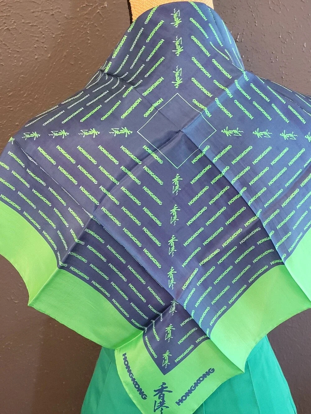 Hong Kong Blue/Green Silk Souvenir Scarf Square Vintage